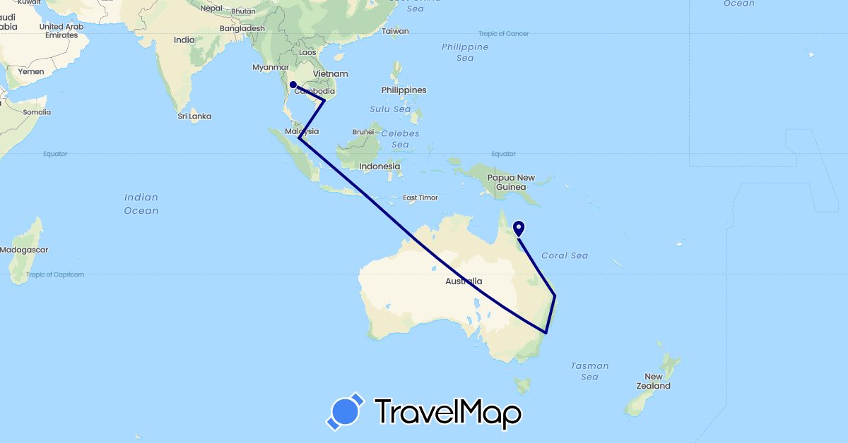 TravelMap itinerary: driving in Australia, Indonesia, Malaysia, Singapore, Thailand, Vietnam (Asia, Oceania)